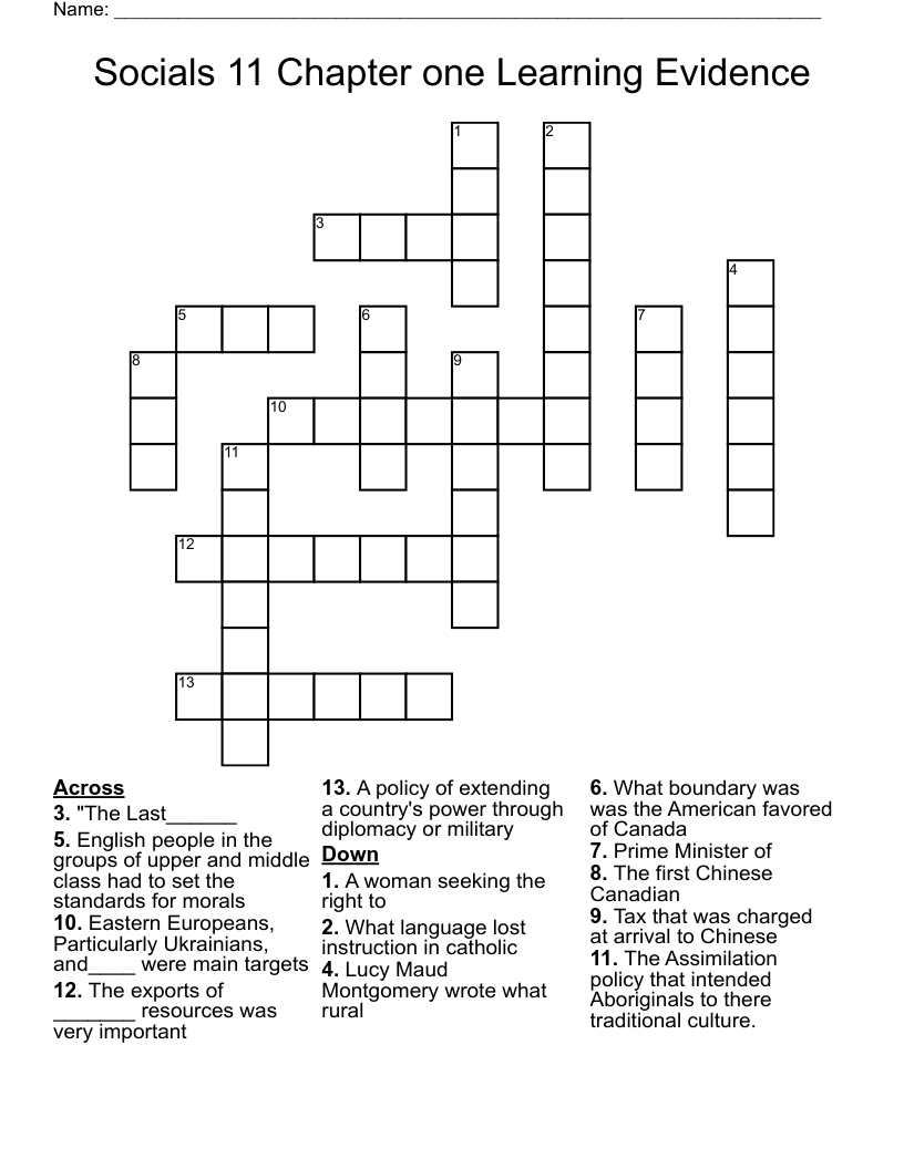Socials 11 Chapter one Learning Evidence Crossword