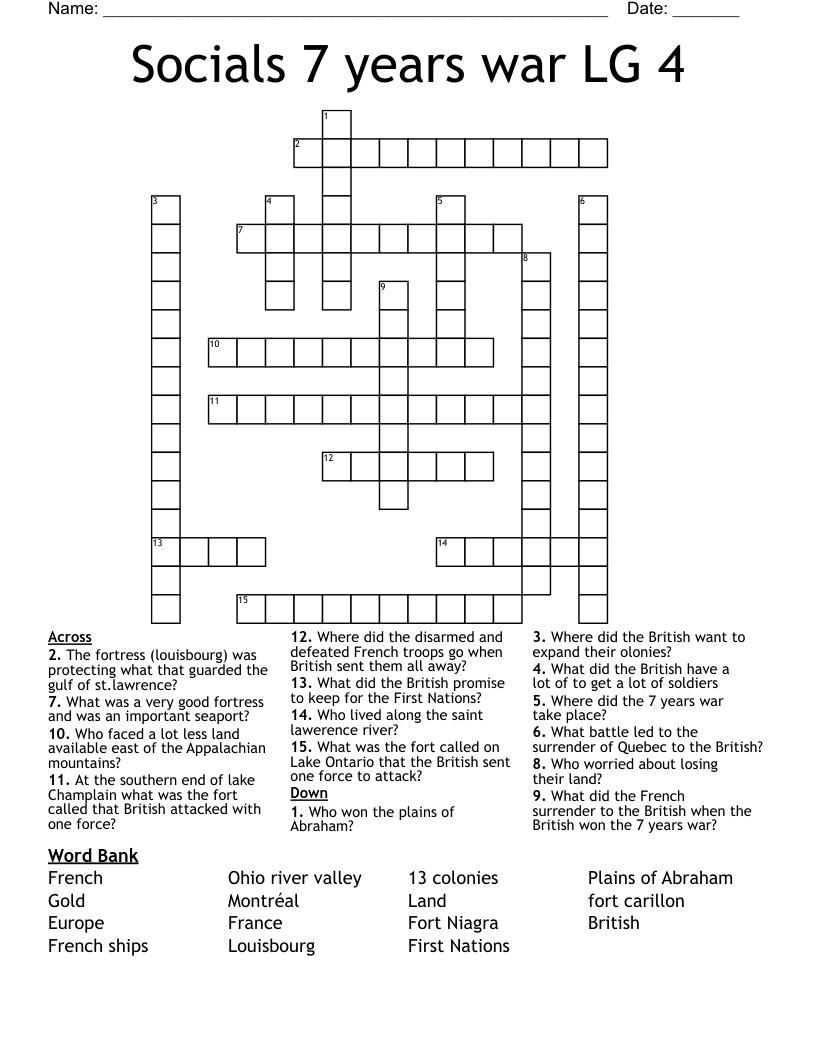 Socials 7 years war LG 4 Crossword