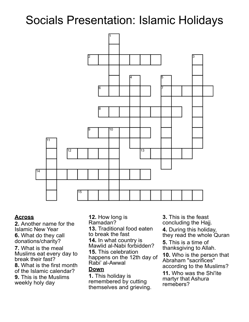 Socials Presentation: Islamic Holidays Crossword