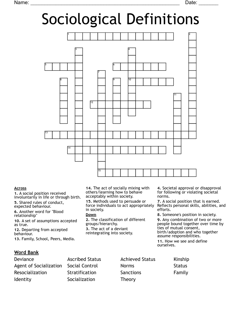 Sociological Definitions Crossword