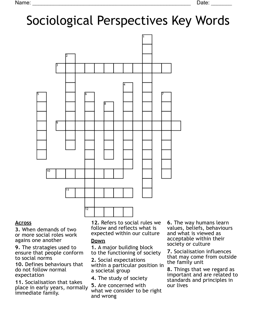 Sociological Perspectives Key Words Crossword