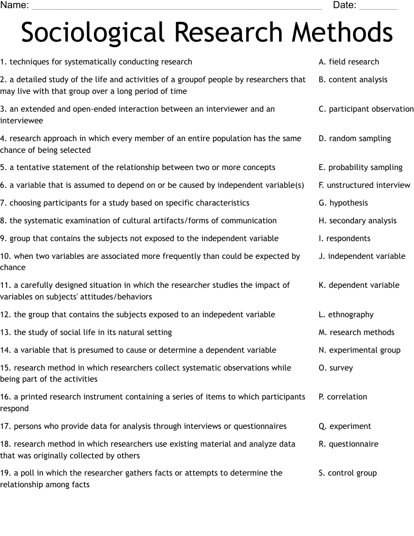 Sociological Research Methods Worksheet