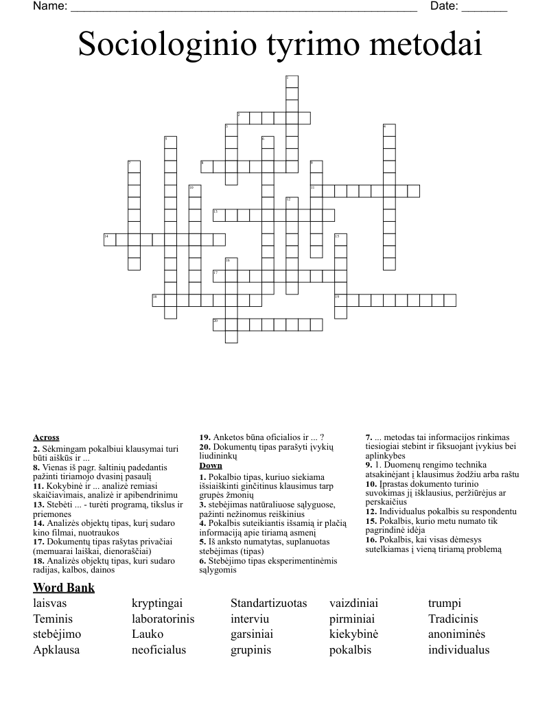 Sociologinio tyrimo metodai Crossword