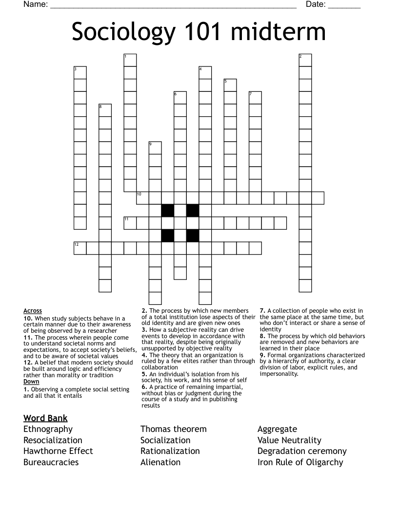 Sociology 101 midterm Crossword
