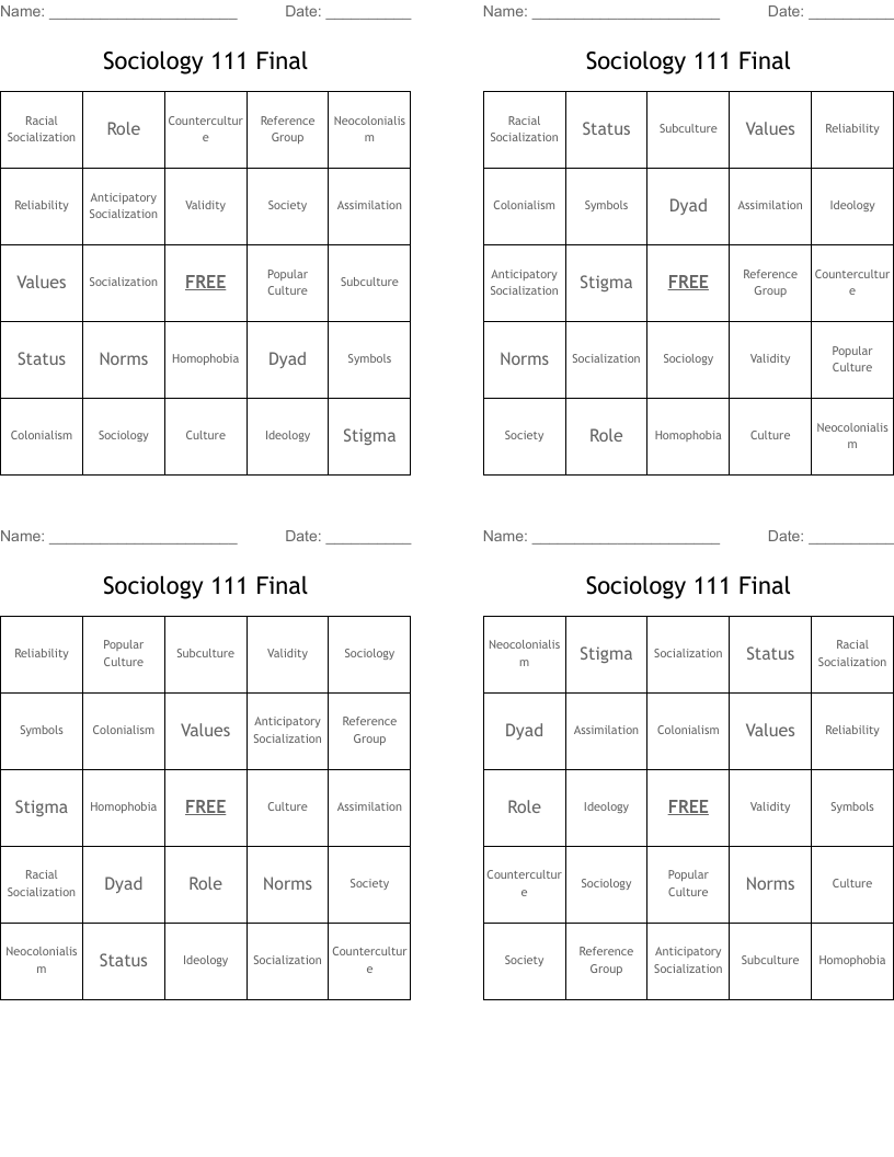 Sociology 111 Final Bingo Cards