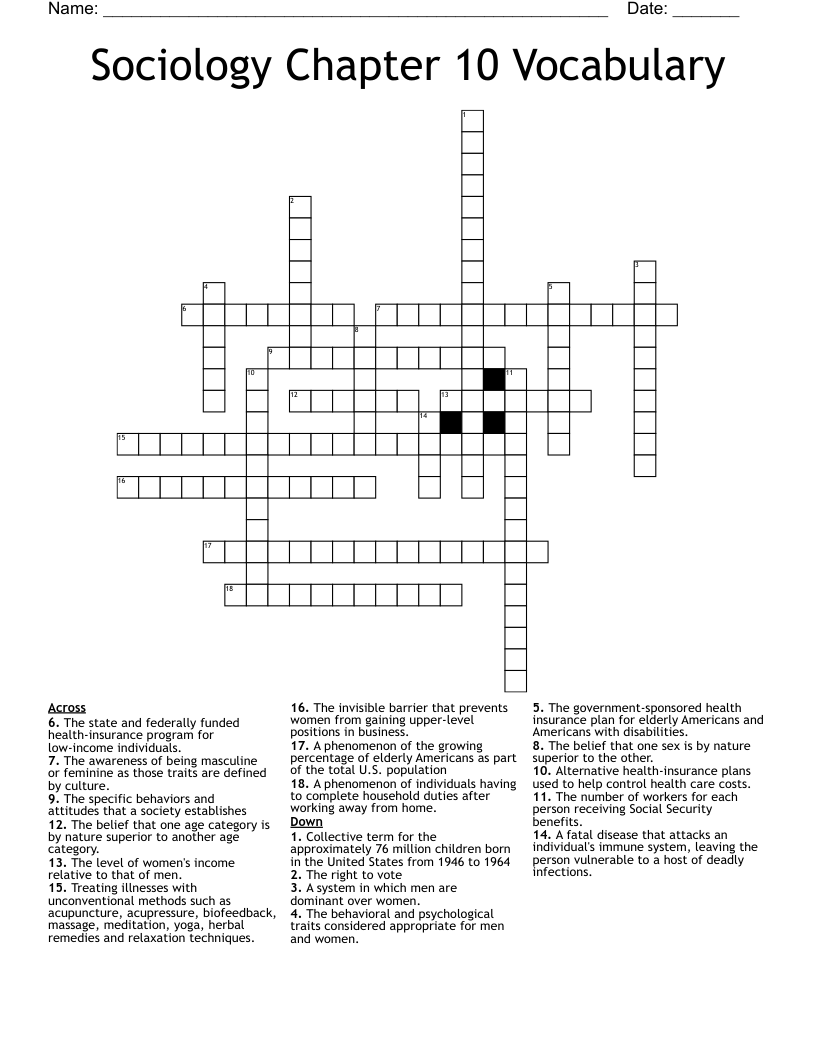 Sociology Chapter 10 Vocabulary  Crossword