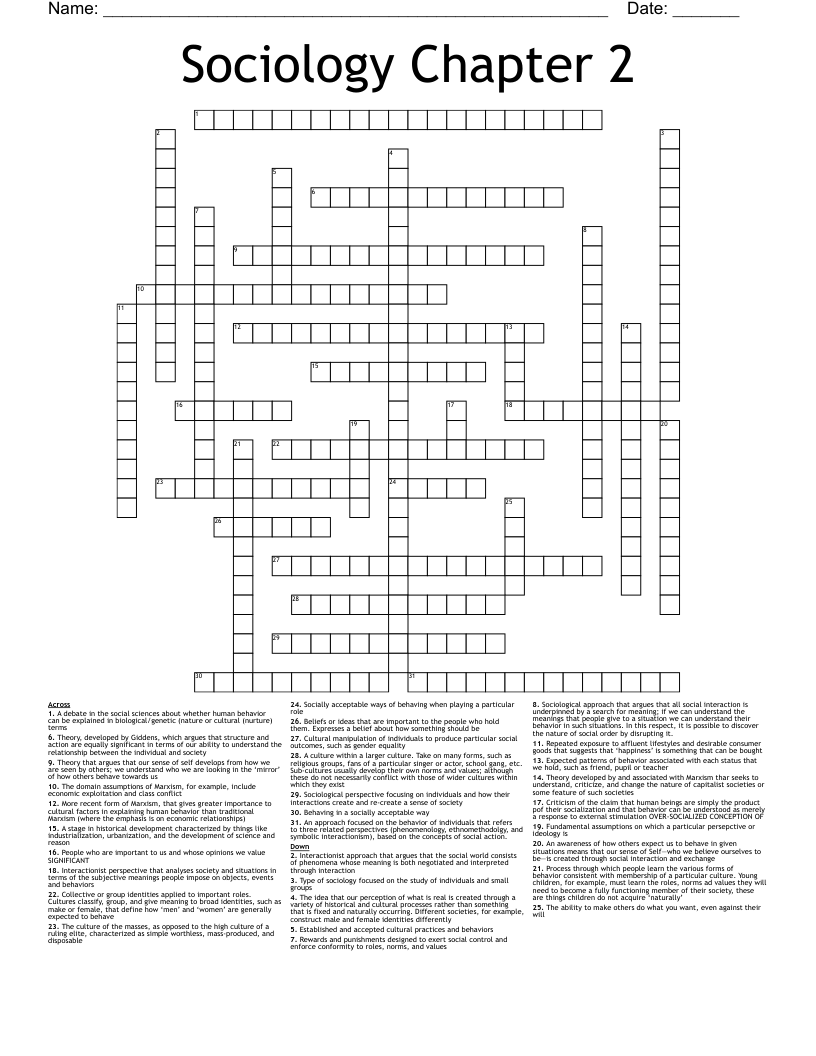 Sociology Chapter 2 Crossword