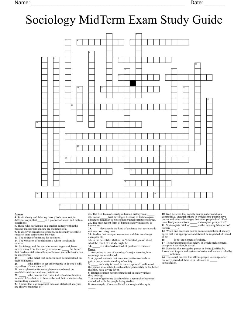 Sociology MidTerm Exam Study Guide Crossword