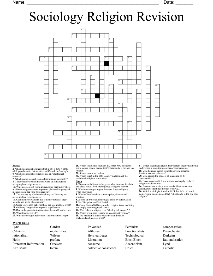 Sociology Religion Revision  Crossword