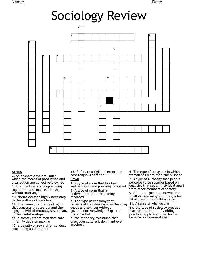 Sociology Review Crossword