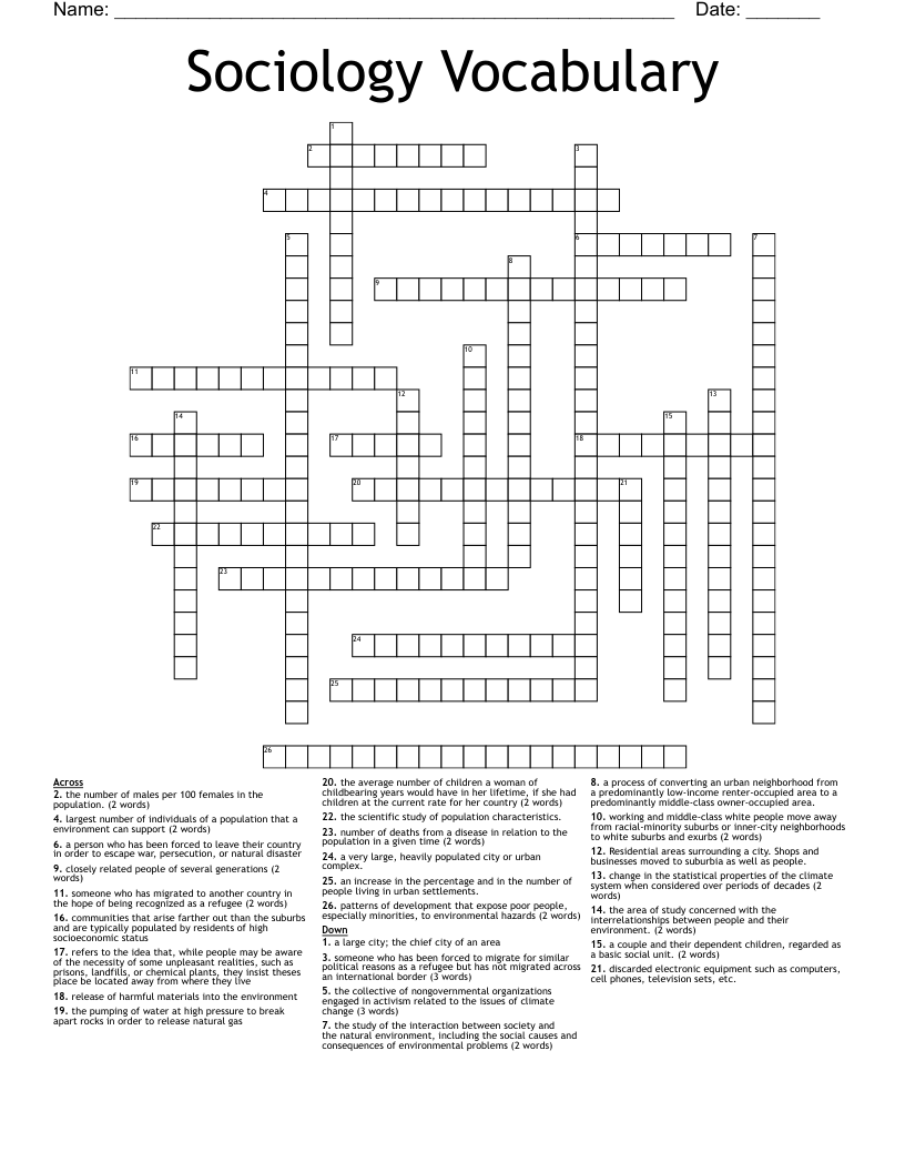 Sociology Vocabulary Crossword