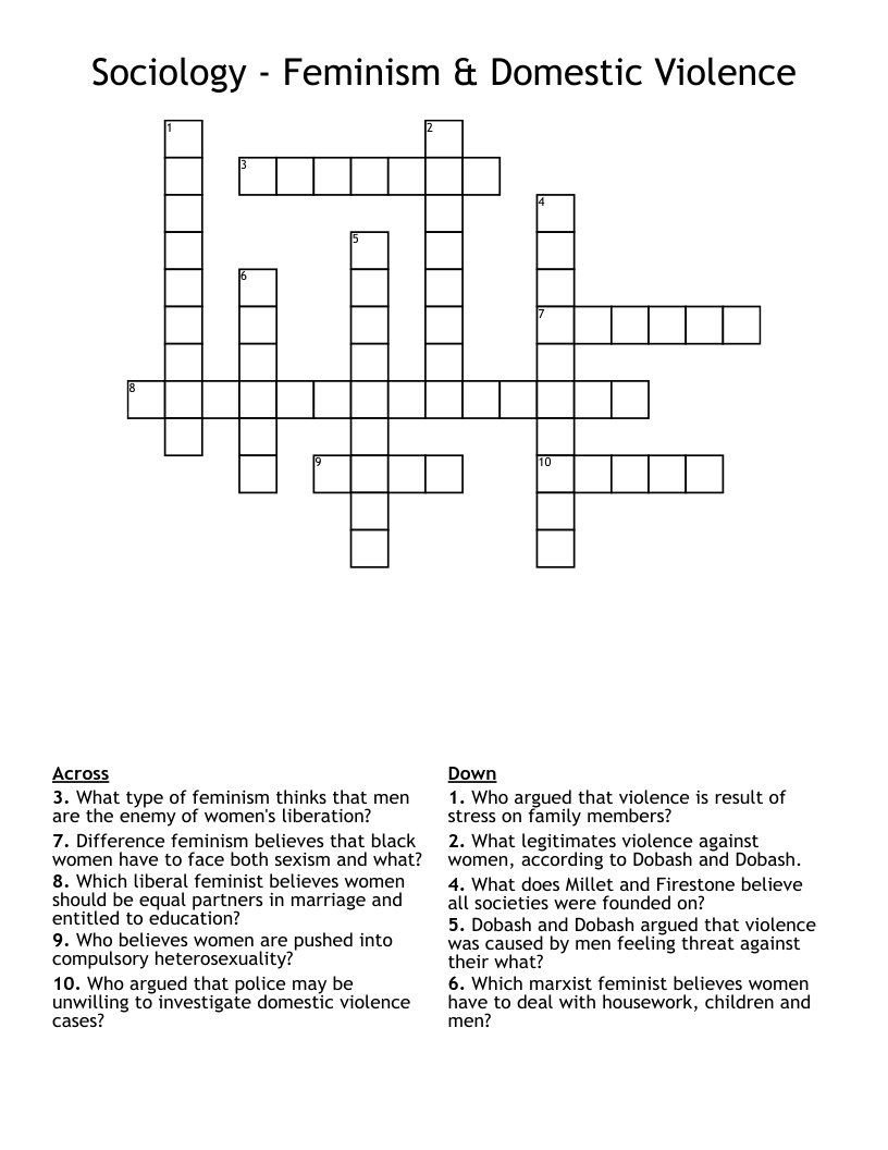 Sociology - Feminism & Domestic Violence Crossword