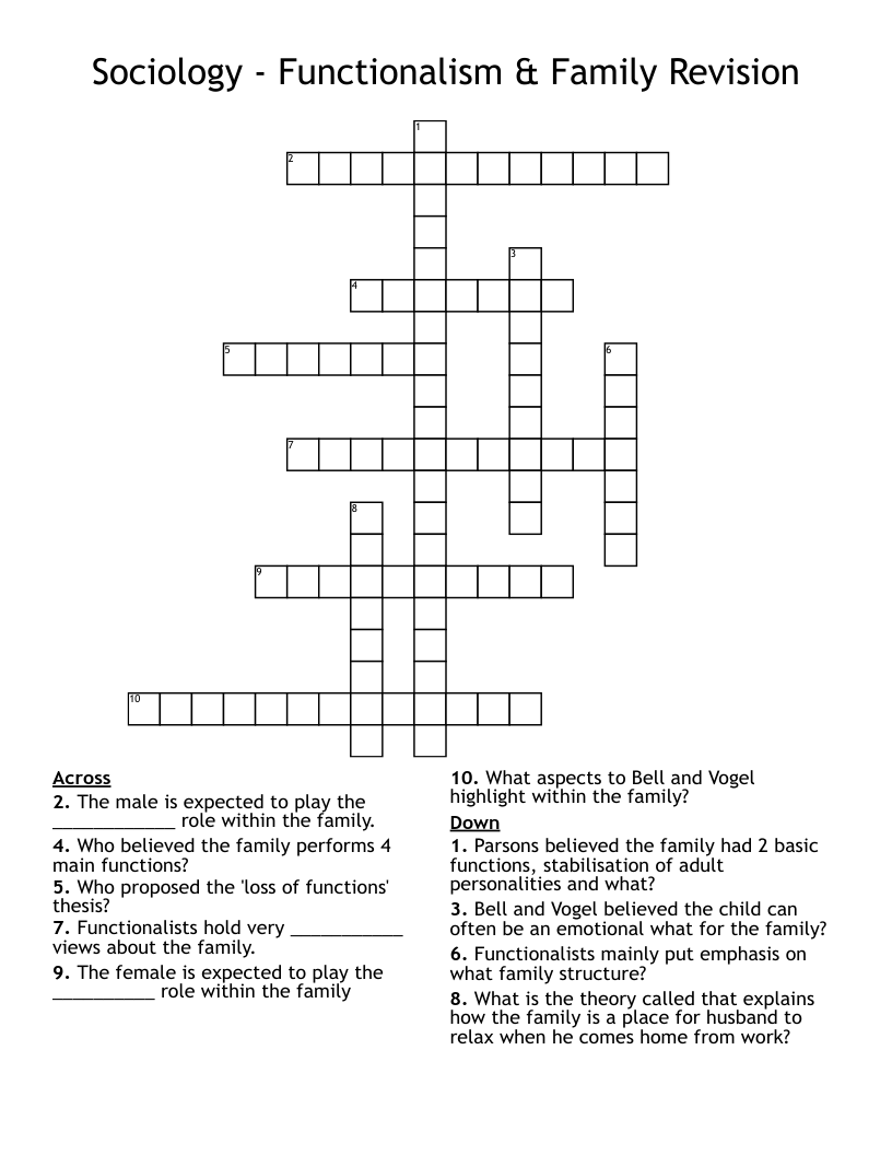 Sociology - Functionalism & Family Revision Crossword