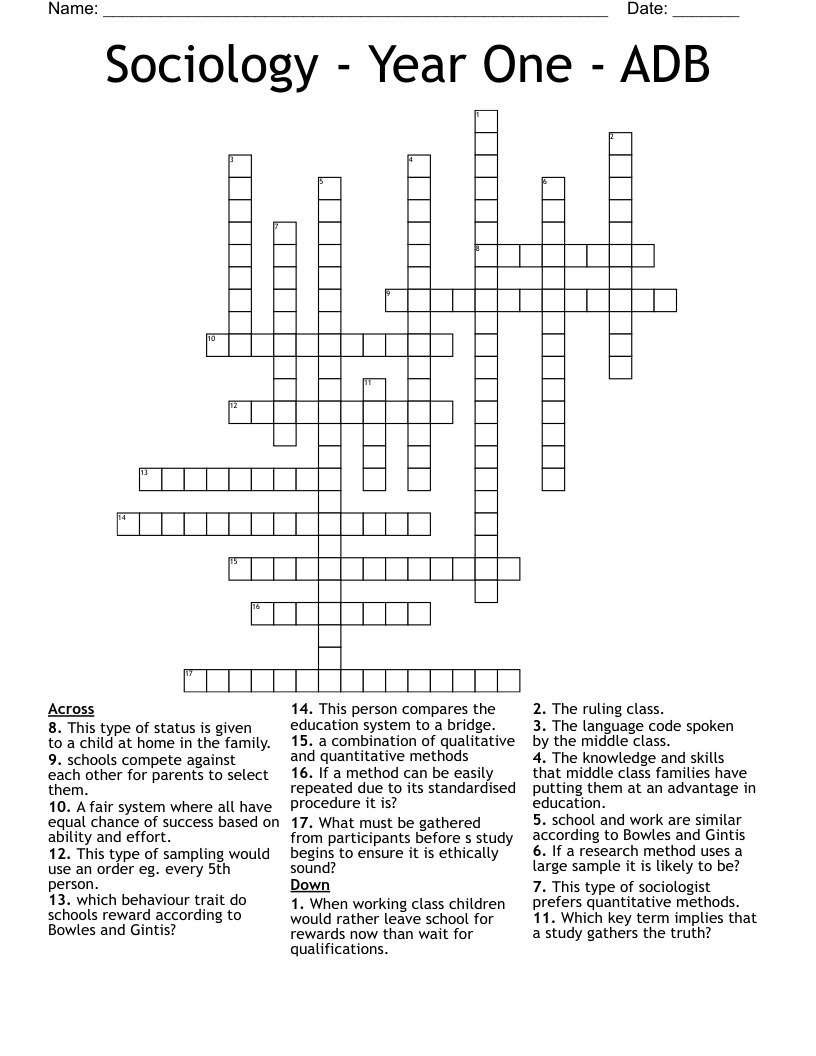 Sociology - Year One - ADB Crossword