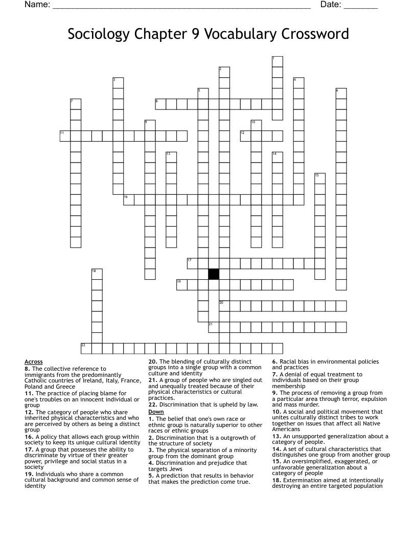Sociology           Chapter 9 Vocabulary Crossword 