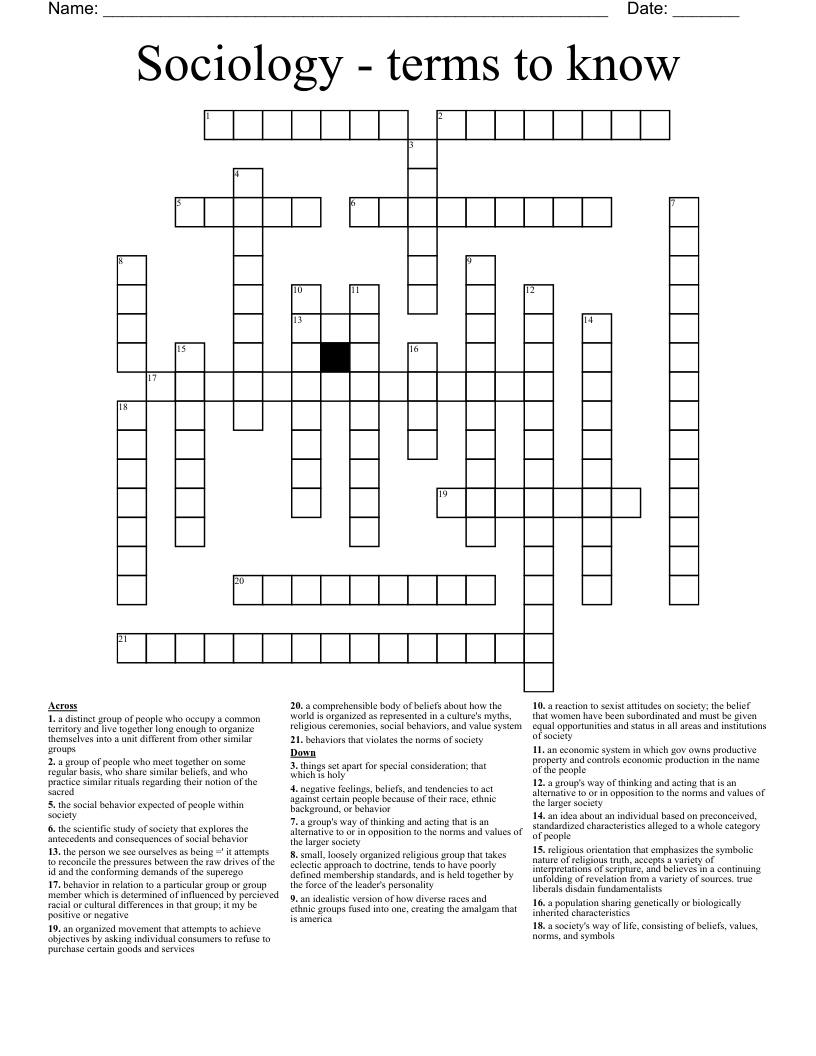 Sociology - terms to know Crossword