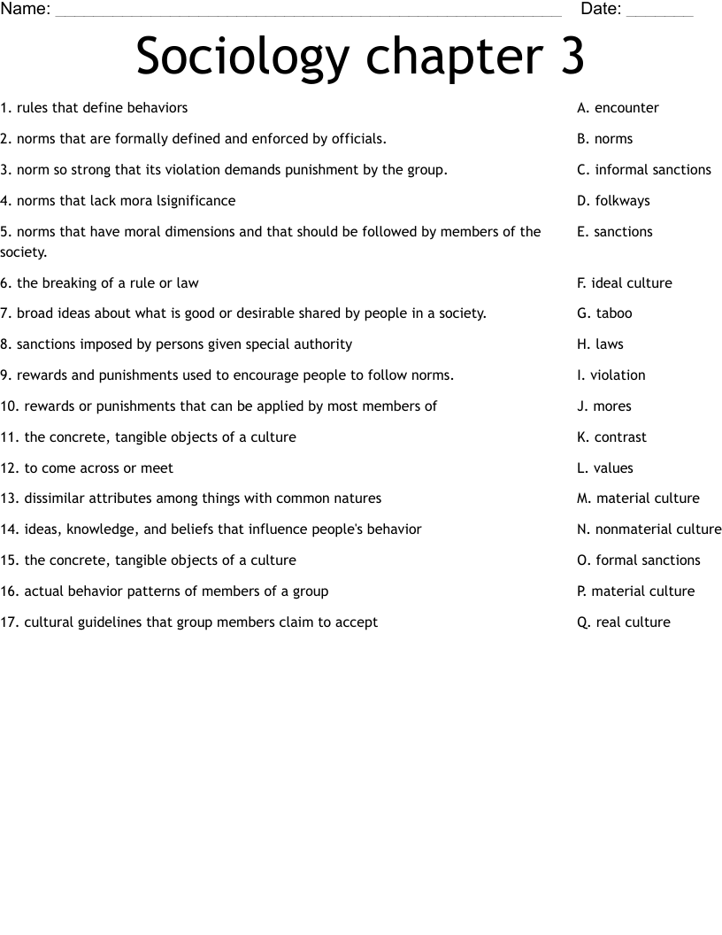 Sociology chapter 3 Worksheet