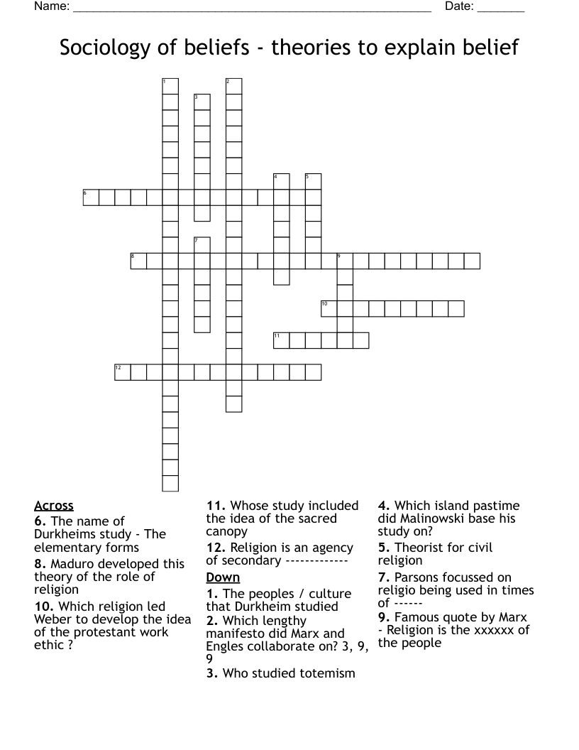 Sociology of beliefs - theories to explain belief Crossword