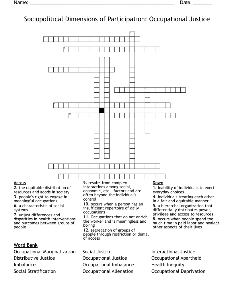 Sociopolitical Dimensions of Participation: Occupational Justice Crossword