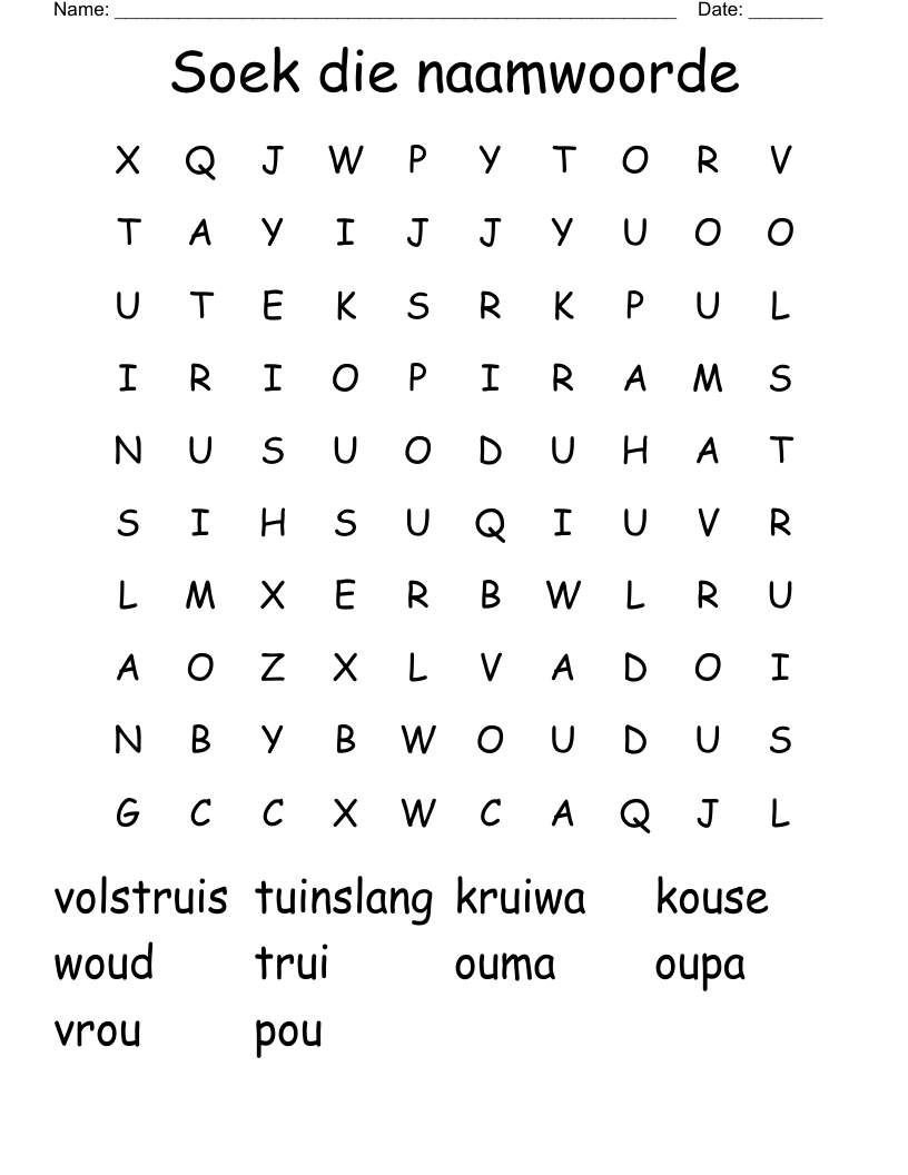 Soek die naamwoorde Word Search