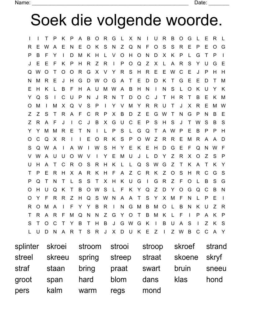 Soek die volgende woorde. Word Search