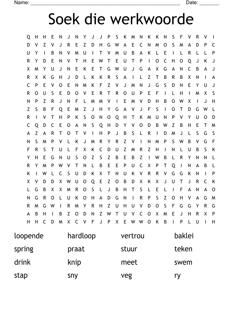 Soek die werkwoorde Word Search