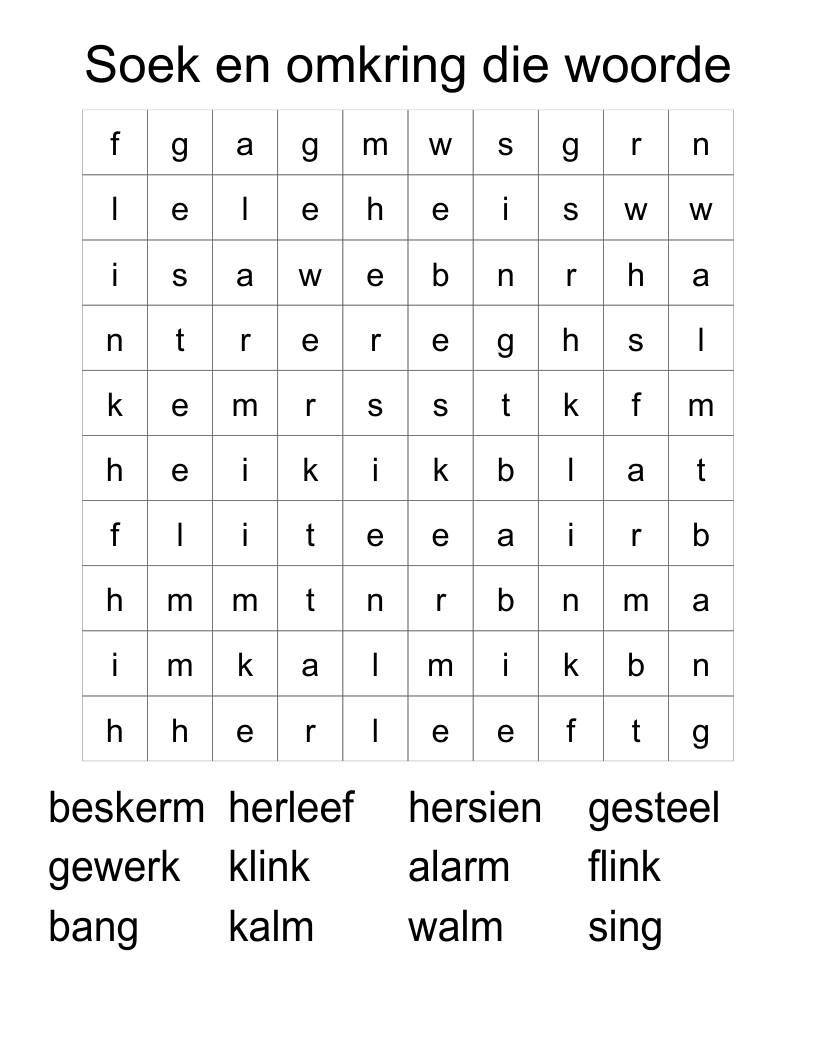 Soek en omkring die woorde Word Search