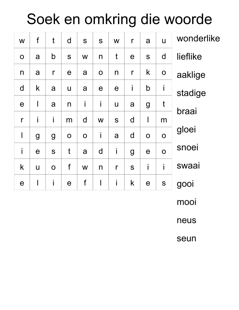 Soek en omkring die woorde  Word Search