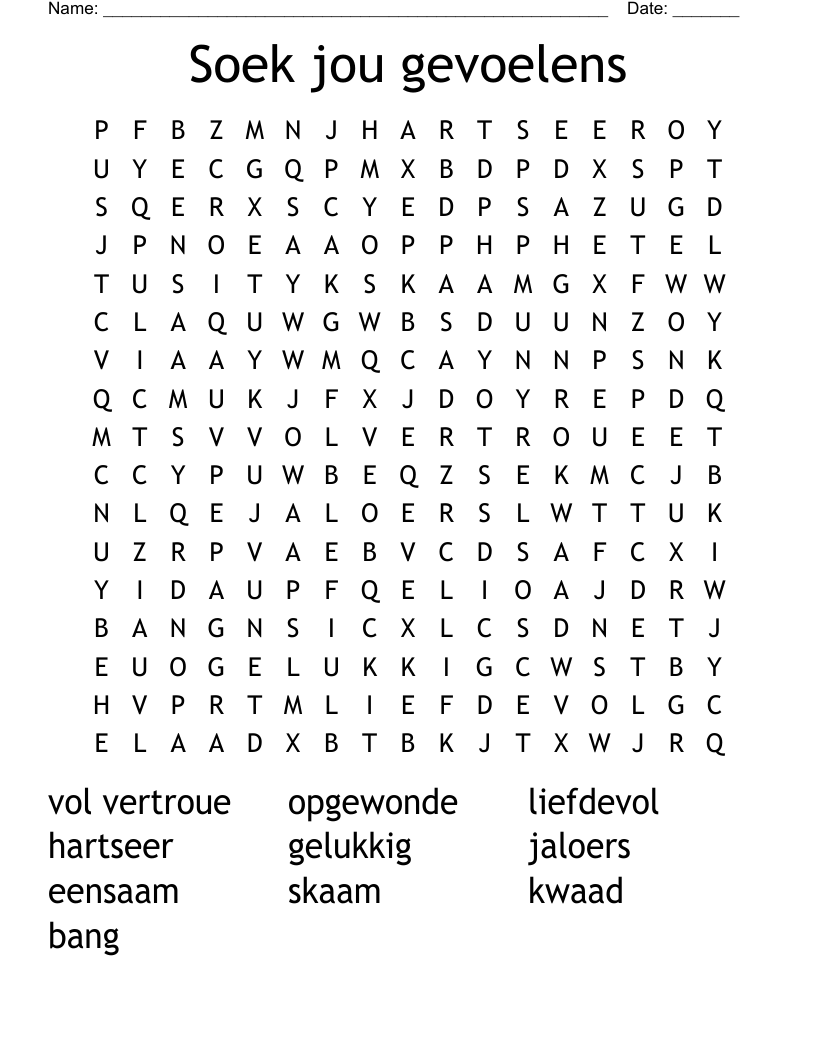 Soek jou gevoelens Word Search