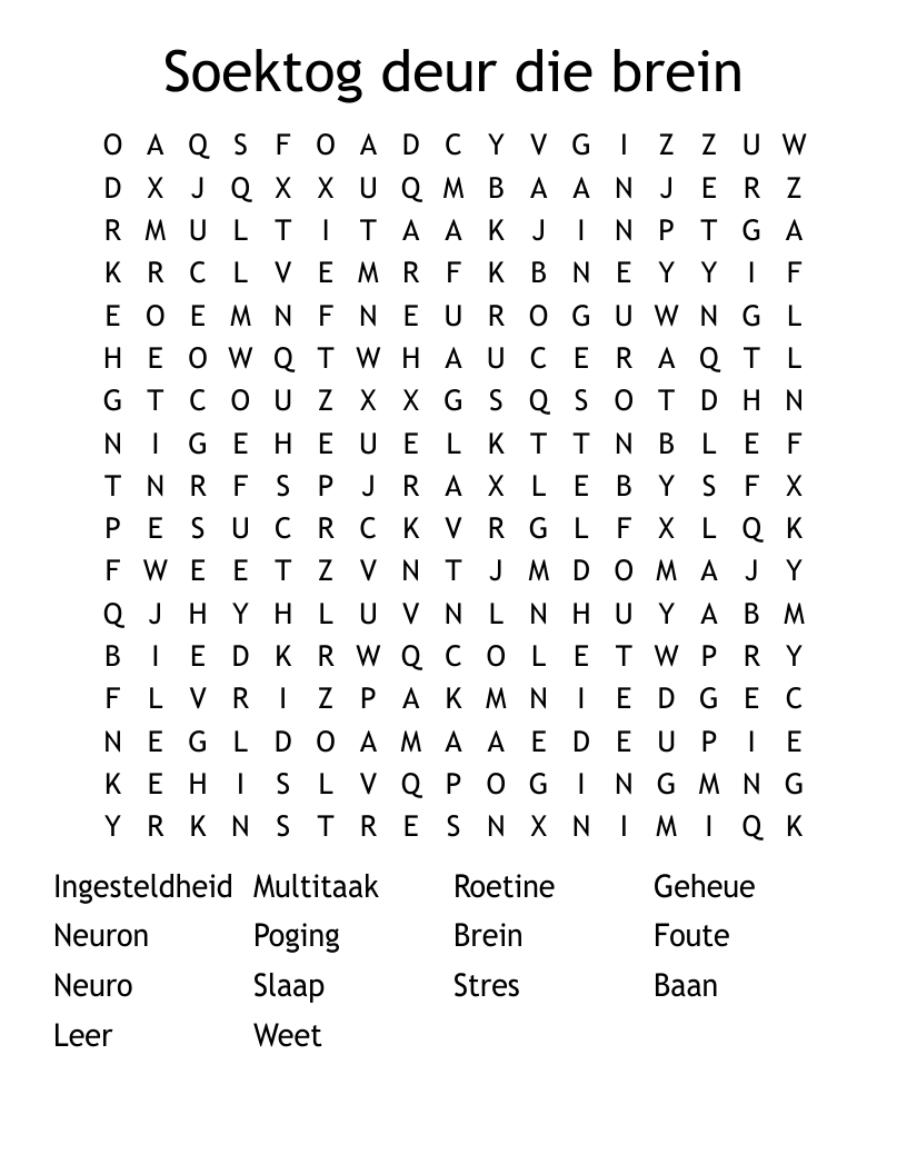 Soektog deur die brein Word Search
