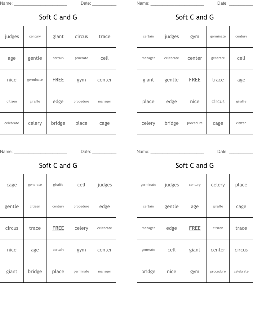 Soft C and G Bingo Cards