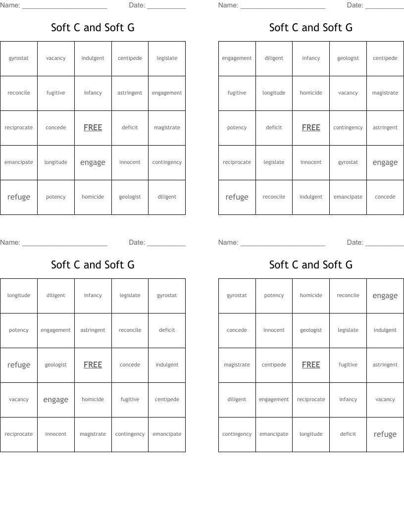 Soft C and Soft G Bingo Cards