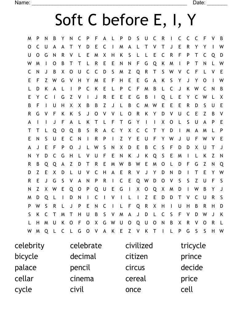 Soft C before E, I, Y Word Search
