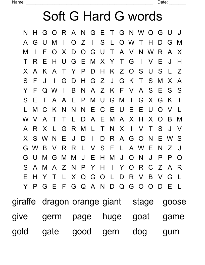 Soft G Hard G words Word Search