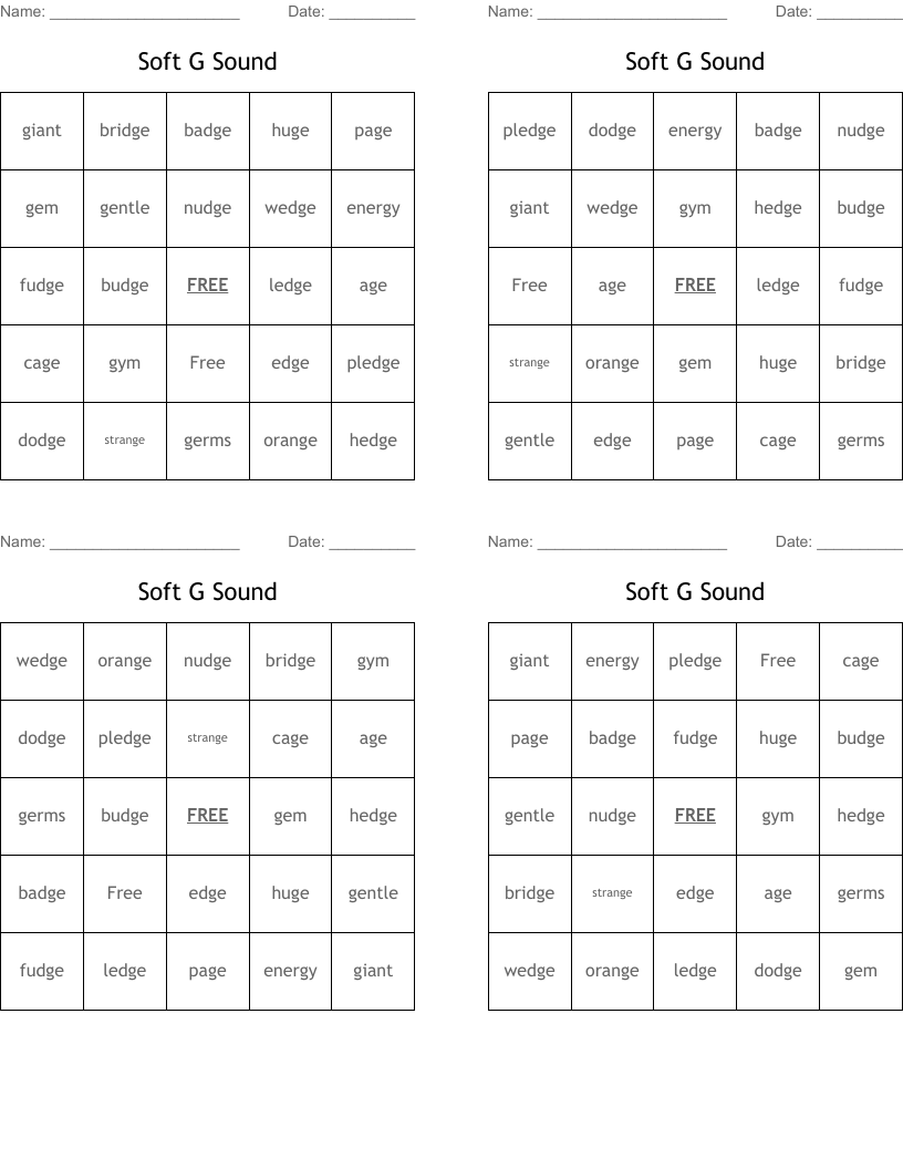 Soft G Sound Bingo Cards