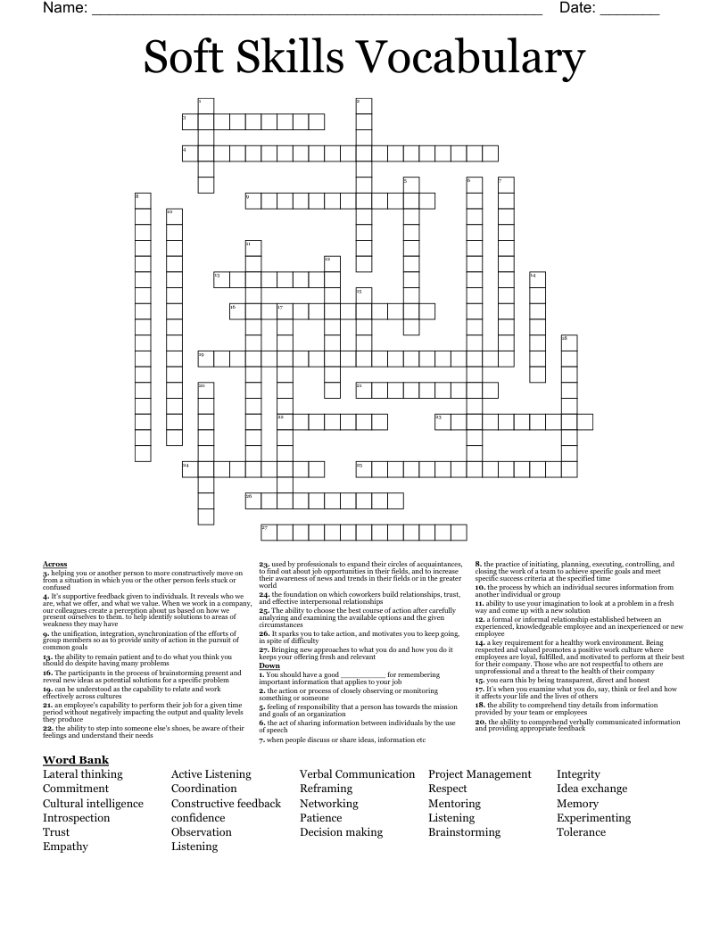 Soft Skills Vocabulary Crossword