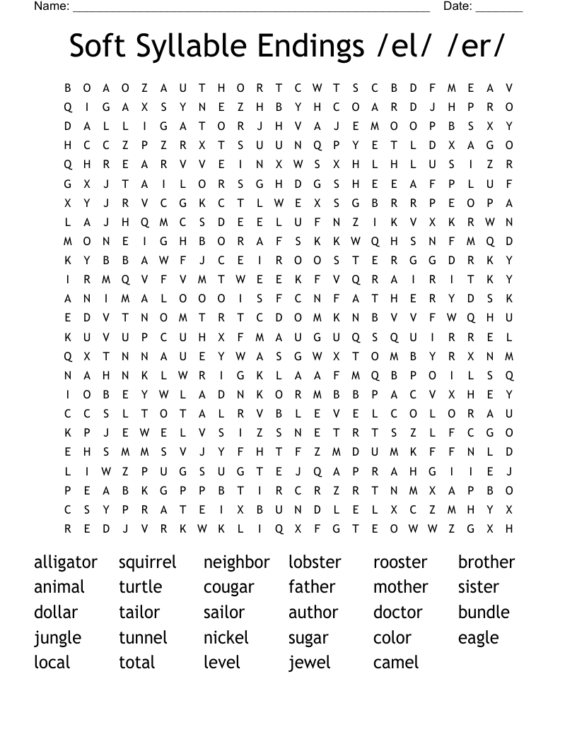 Soft Syllable Endings /el/   /er/ Word Search