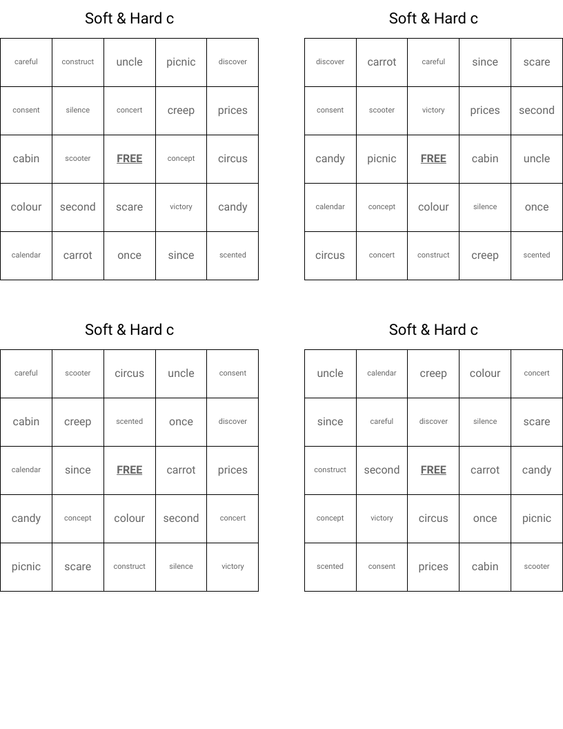 Soft & Hard c Bingo Cards