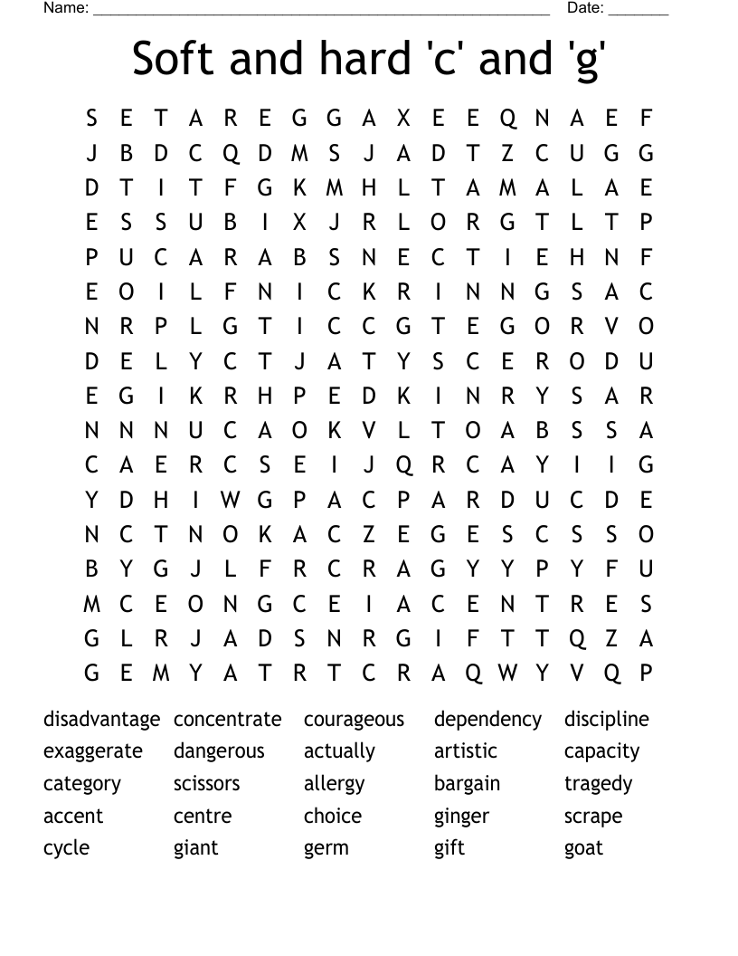 Soft and hard 'c' and 'g' Word Search