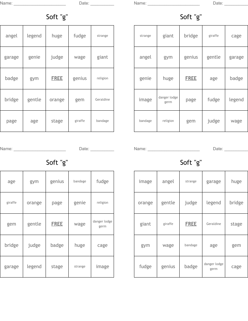 Soft "g" Bingo Cards