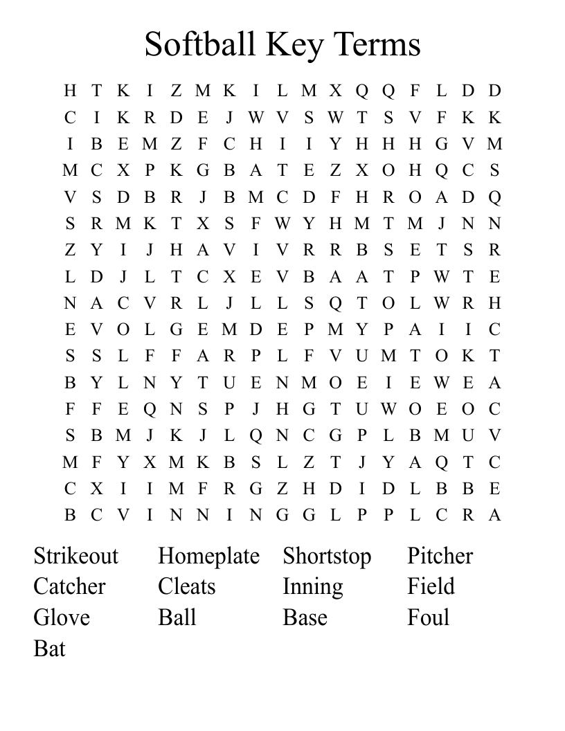 Softball Key Terms  Word Search