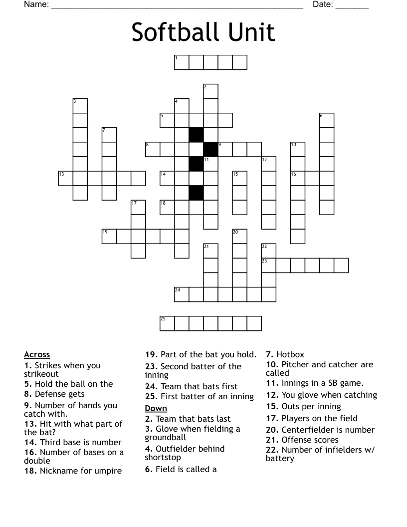 Softball Unit Crossword