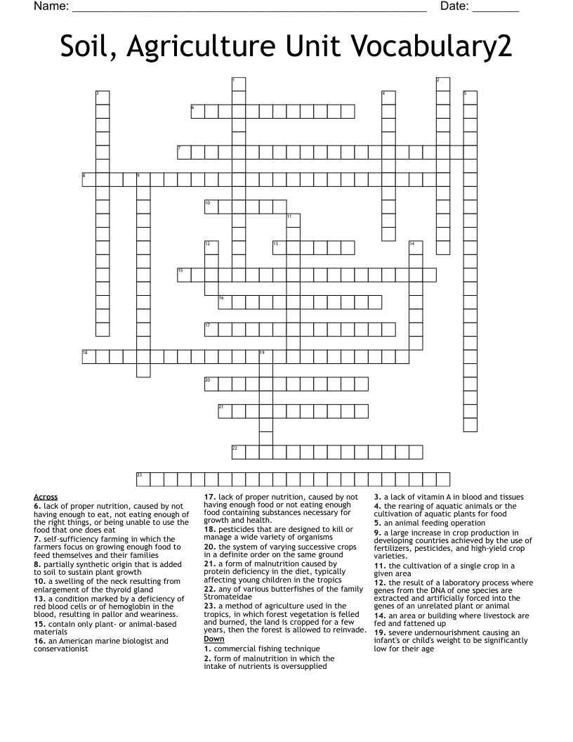 Soil, Agriculture Unit Vocabulary2 Crossword