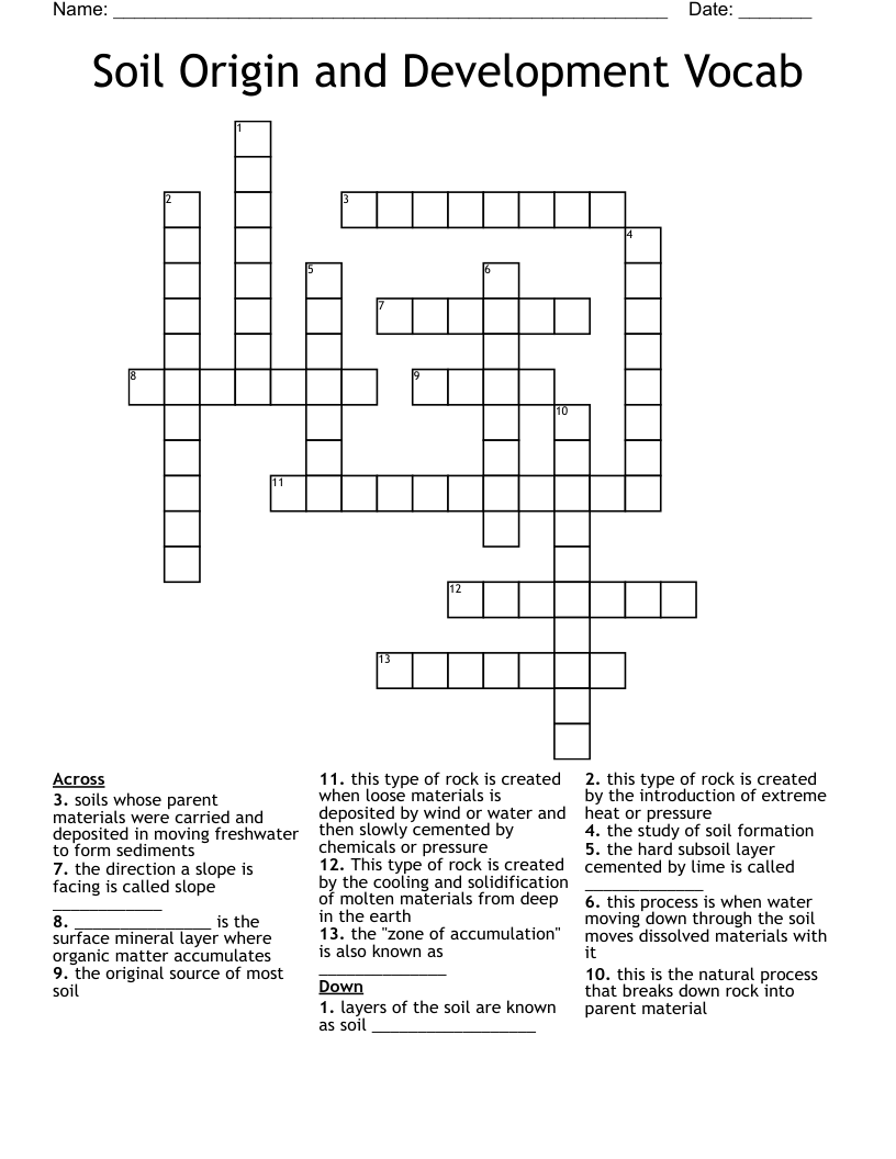 Soil Origin and Development Vocab Crossword