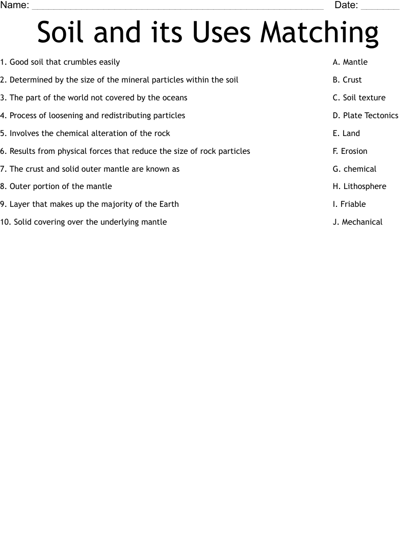Soil and its Uses Matching  Worksheet