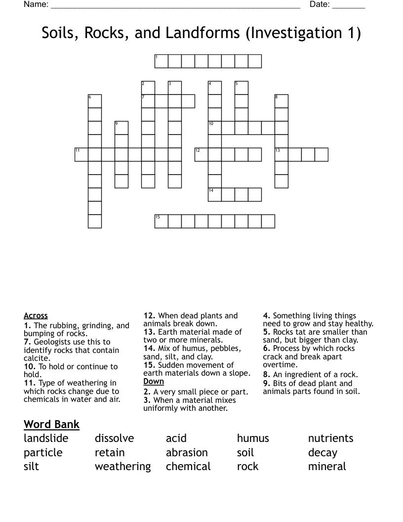 Soils, Rocks, and Landforms (Investigation 1) Crossword