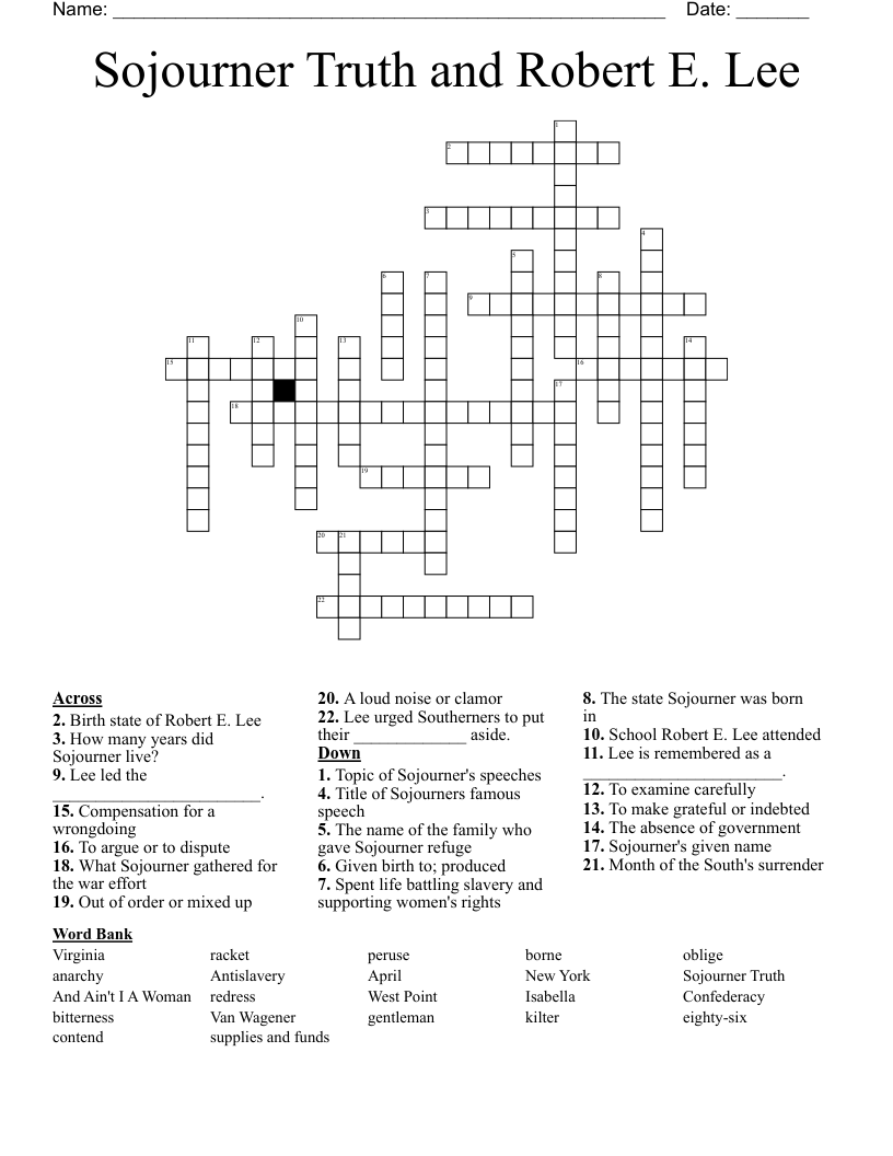 Sojourner Truth and Robert E. Lee Crossword