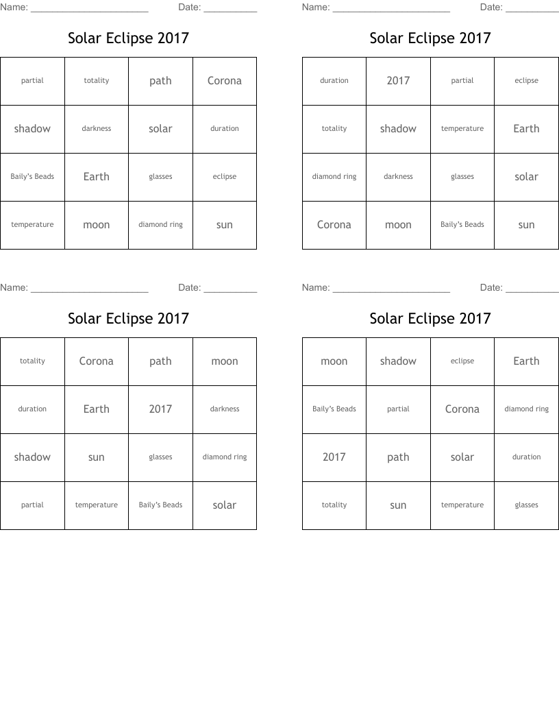 Solar Eclipse 2017 Bingo Cards