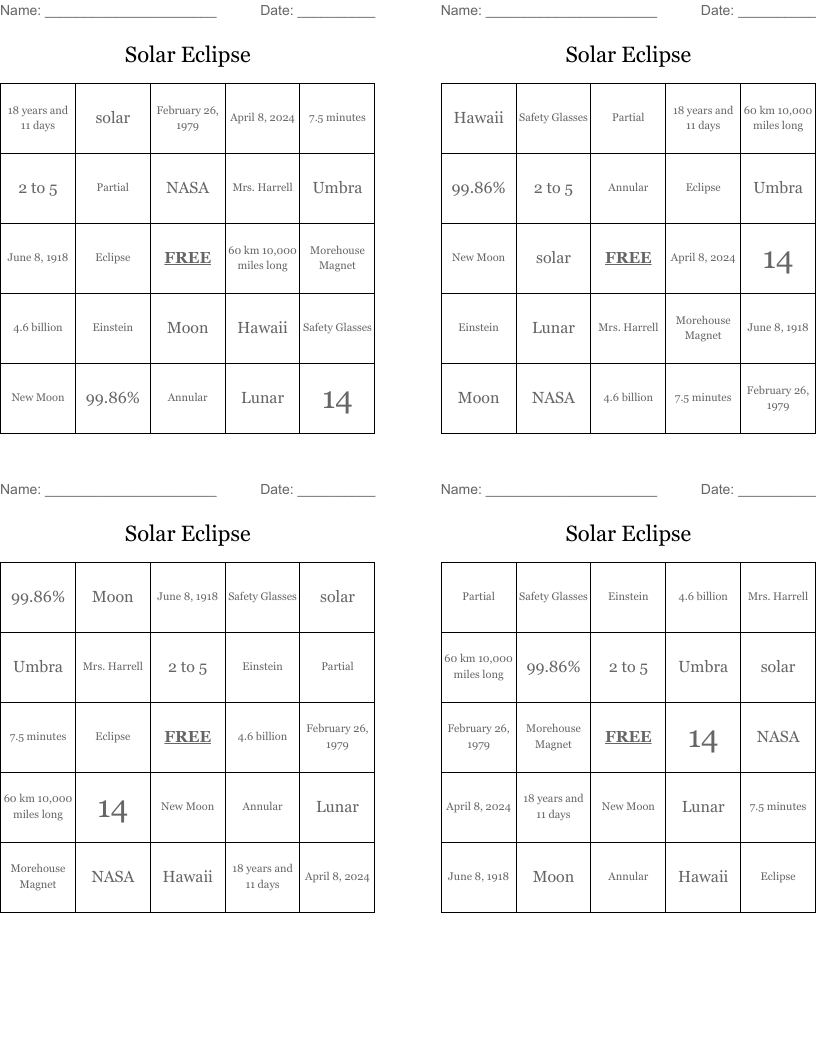 Solar Eclipse Bingo Cards