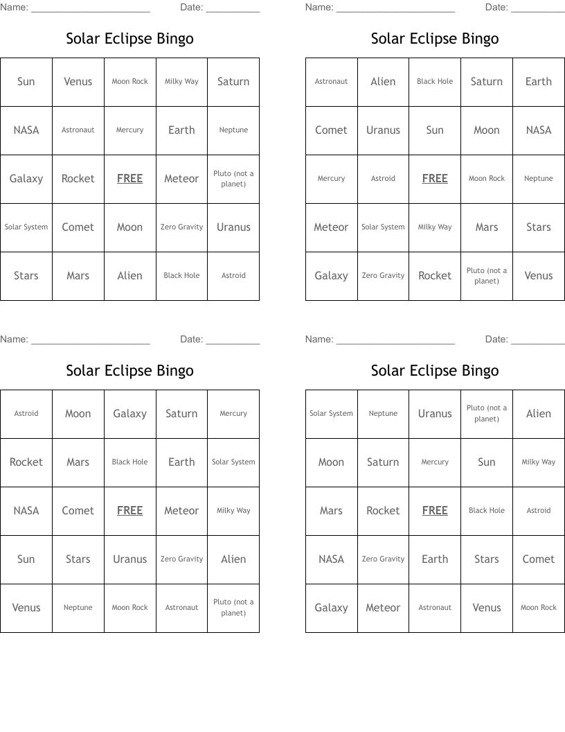 Solar Eclipse Bingo